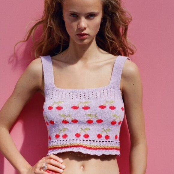 Zara Knit Cherry Print Crop Top - Picture 1 of 4